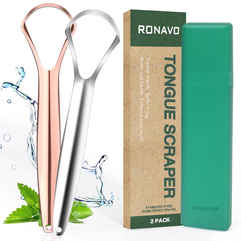 RONAVO Tongue Scraper for Adults, Two Colors Designed for Couples, Cure Bad Breath, Tongue Cleaners Stainless Steel, Metal Tongue Scrapers for Oral Care & Hygiene (2 Pack) - Image 1
